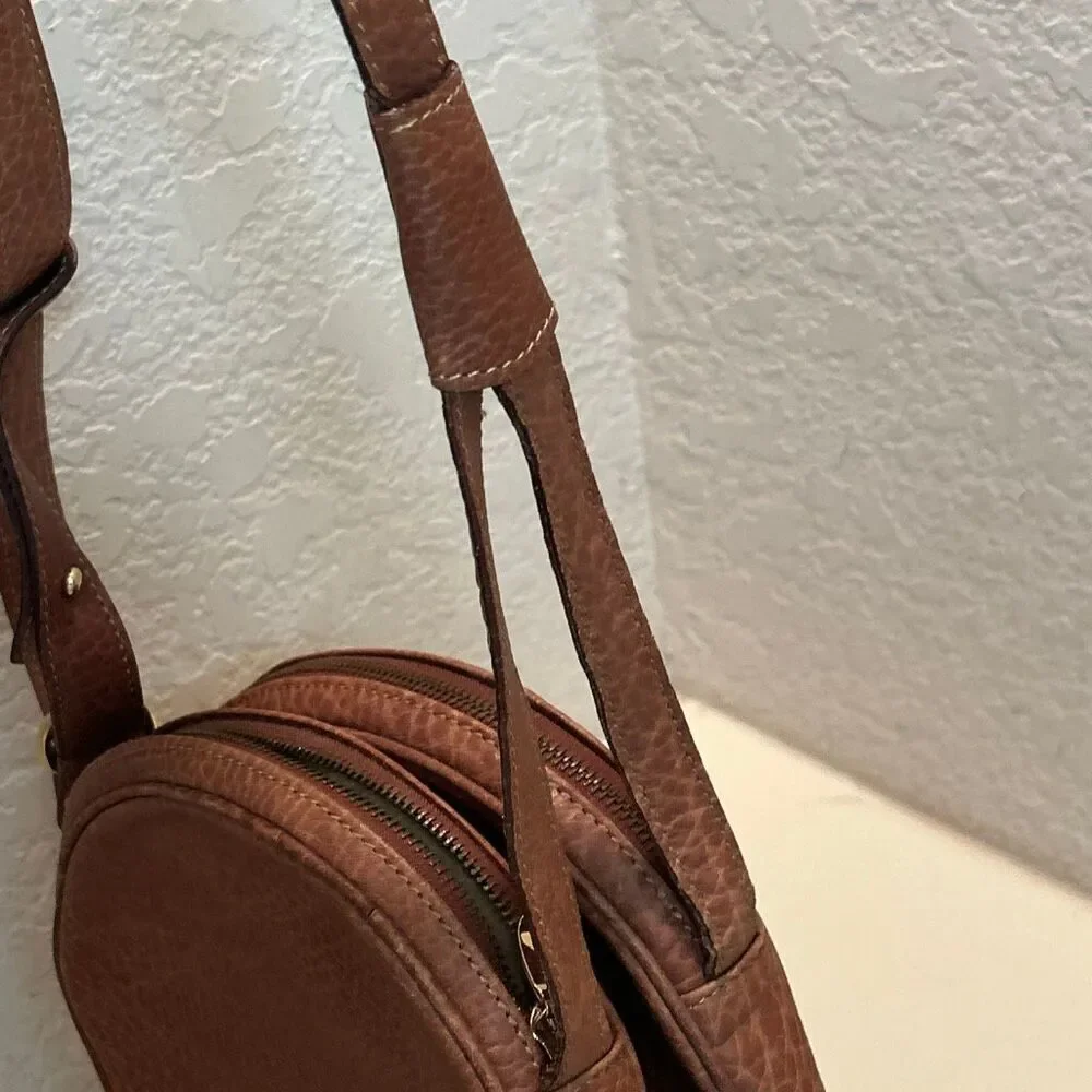 Bally Pebbled Leather Double Circle Crossbody Bag Cognac Brown Quiet Luxury